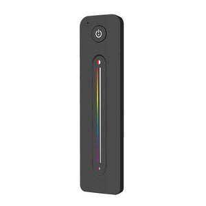 A black remote control with a colourful touch slide and a power button, designed for adjusting RGB+W LEDs.
