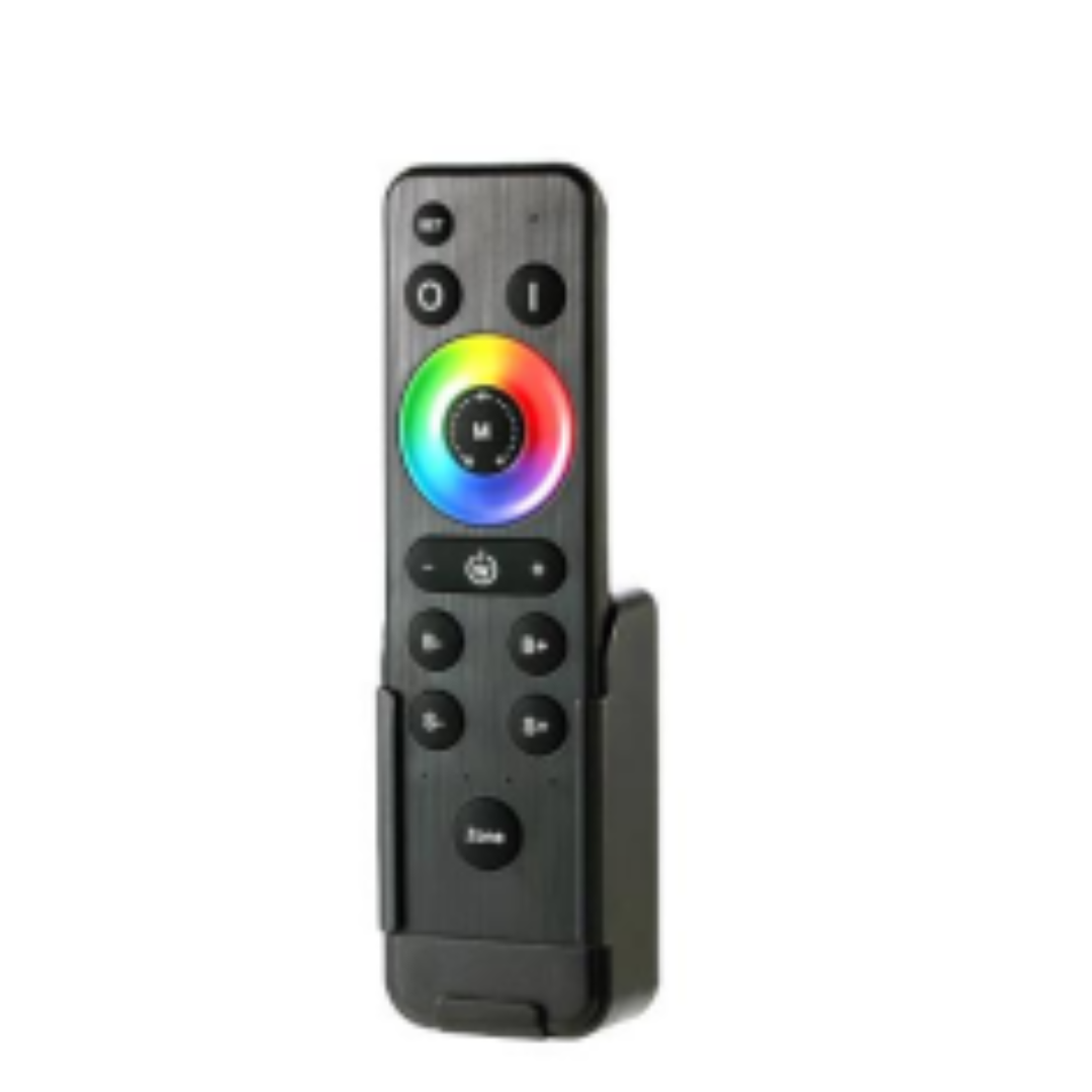 A black remote control with a multicolored touch-sensitive area and buttons, designed for controlling LED lighting.