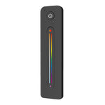 A black remote control with a colourful colour temperature touch slide and a power button, designed for adjusting RGB+CCT LED lights.