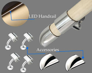A collage showing the different components to the handrail kit including RGB strip light, brackets, mopstick & endcaps