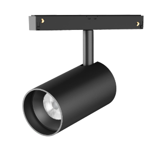 Black cylindrical LED spotlight fixture designed for a magnetic track system.