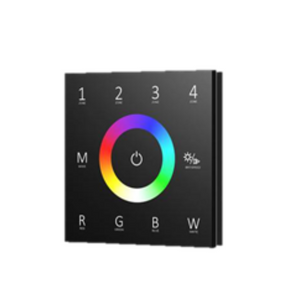 A black 4 zone universal touch panel with numbered zones and a central color wheel, along with LED indicators for RGBW.