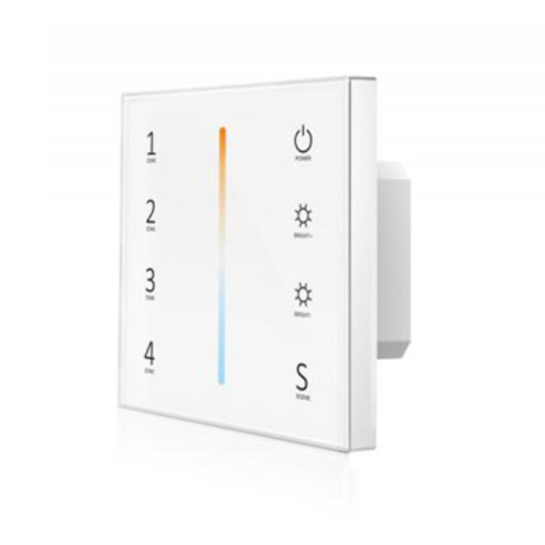 A white 4 zone RGBW dimming touch panel with touch keys and a color wheel in the center.