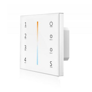 A white 4 zone RGBW dimming touch panel with touch keys and a color wheel in the center.