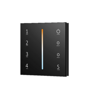 A black touch panel with 4 zone controls and LED indicators, featuring a color wheel in the center.