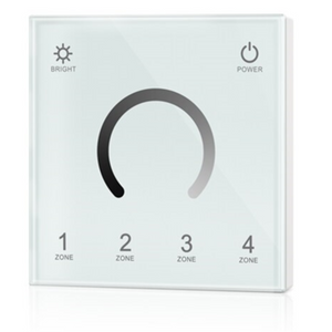A white 4 zone touch panel with touch keys and a central color wheel for adjusting lighting zones.