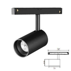 A black track light fixture with a cylindrical shape and a technical drawing with dimensions.