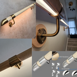 Collage of LED handrail lighting kit showing the handrail with integrated LED lights, brackets, endcaps, and an example installation on a staircase.