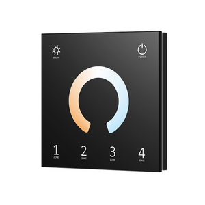 A black 4 zone touch panel with a color wheel and LED indicators for controlling light zones.