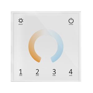 A white touch panel with a color wheel in the center and numbered touch keys below the wheel, indicating a 4-zone control interface for lighting.
