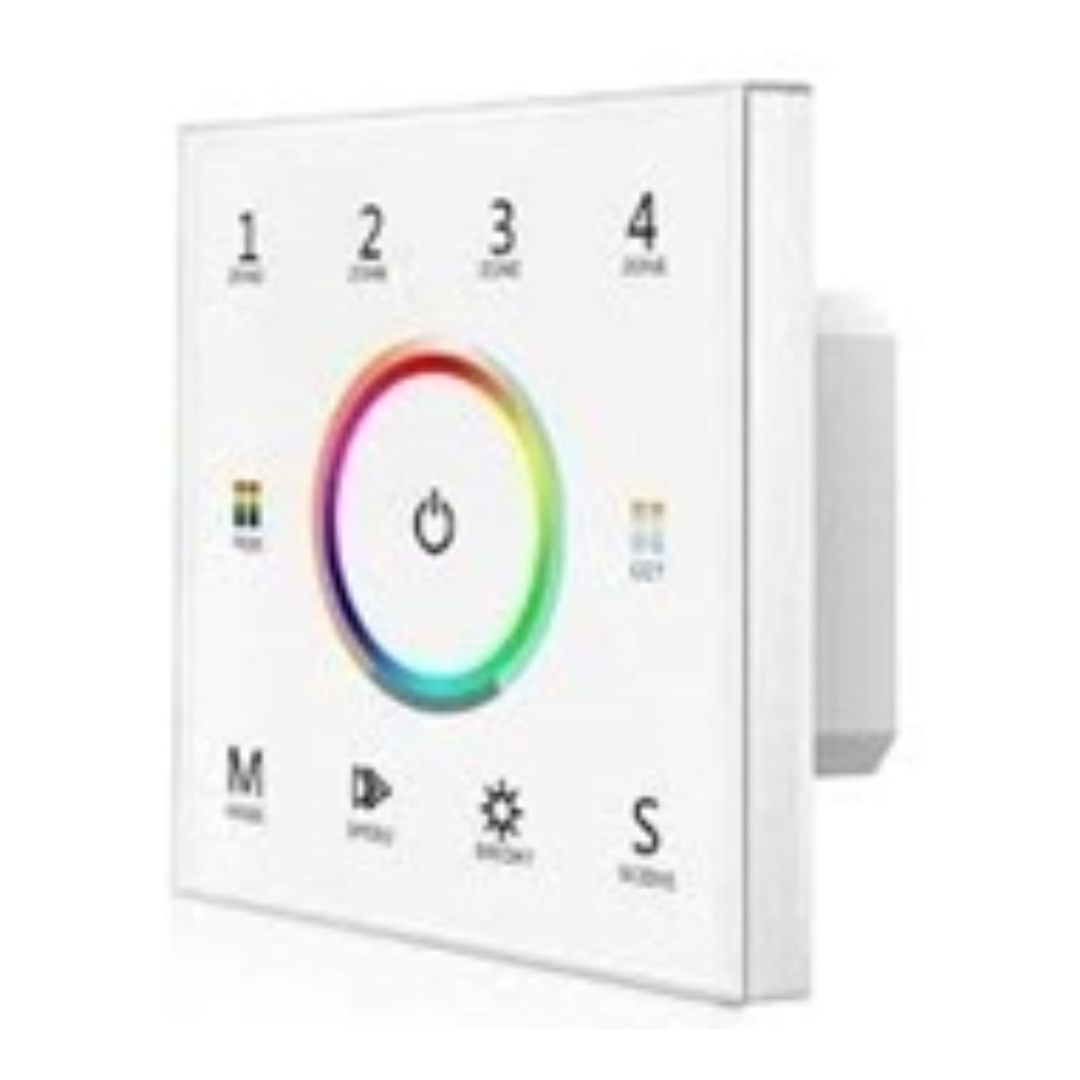 A white touch panel with a multicolored wheel in the center and touch keys around it.
