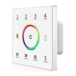 A white touch panel with a multicolored wheel in the center and touch keys around it.