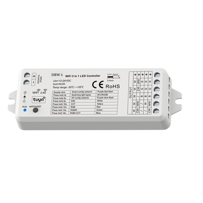 A white 5 channel WIFI & RF LED controller with specifications and branding printed on the front.