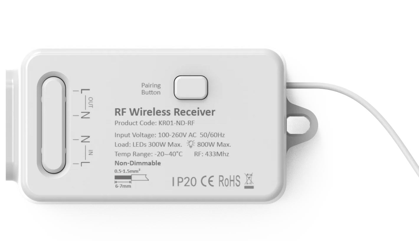 A white WIFI & RF wireless receiver with a label indicating the product information and connectivity details such as 'RF Wireless Receiver', '500W', '433MHz', and '0.5mA@500MHz'.