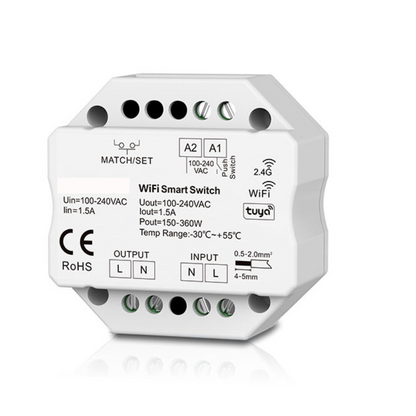A white WIFI smart switch with multiple pins for AC power and a label indicating the brand TUYA.