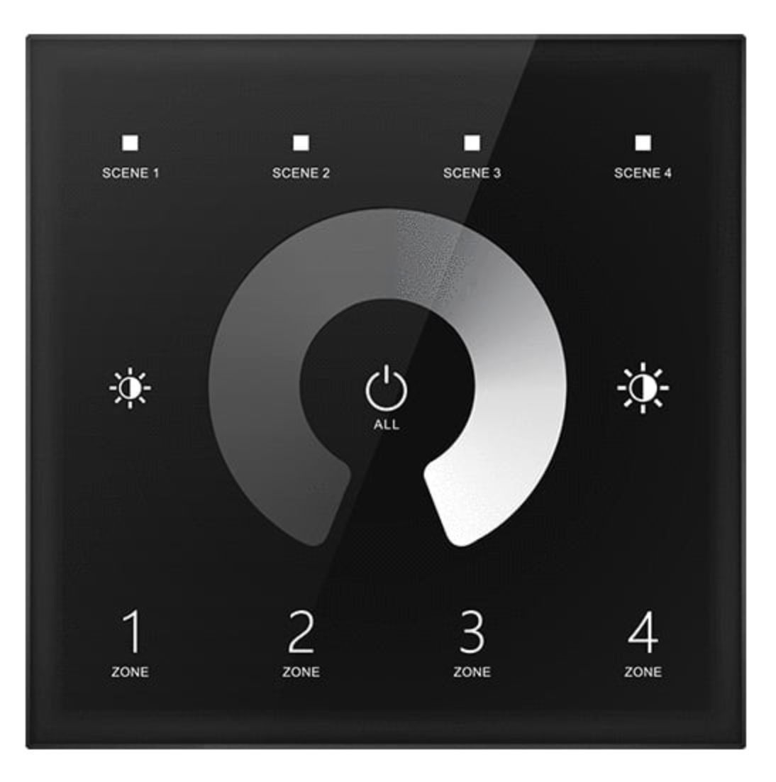 Control panel with scene and zone indicators on a black background