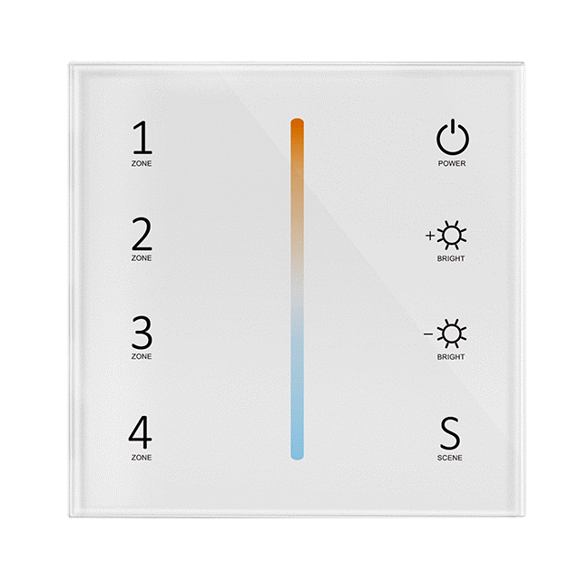 A white remote control panel with a colour temperature lime in the centre and touch keys labeled 1 to 4, with LED indicators around the edge.