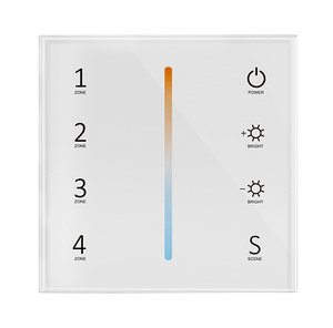 A white remote control panel with a colour temperature lime in the centre and touch keys labeled 1 to 4, with LED indicators around the edge.