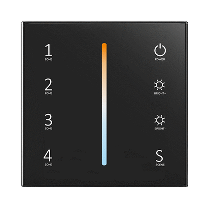 A black remote control panel with a colour temperature lime in the centre and touch keys labeled 1 to 4, with LED indicators around the edge.