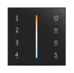 A black remote control panel with a colour temperature lime in the centre and touch keys labeled 1 to 4, with LED indicators around the edge.