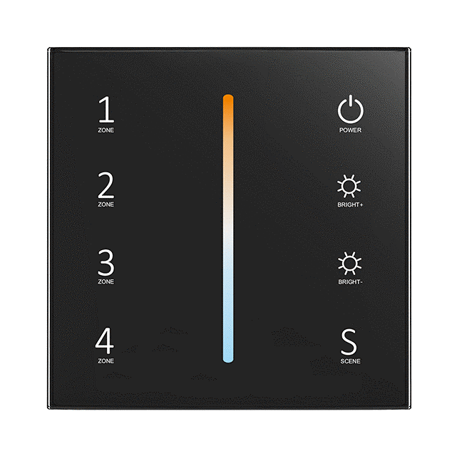 A black remote control panel with a colour temperature lime in the centre and touch keys labeled 1 to 4, with LED indicators around the edge.