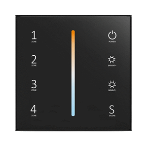A black remote control panel with a colour temperature lime in the centre and touch keys labeled 1 to 4, with LED indicators around the edge.