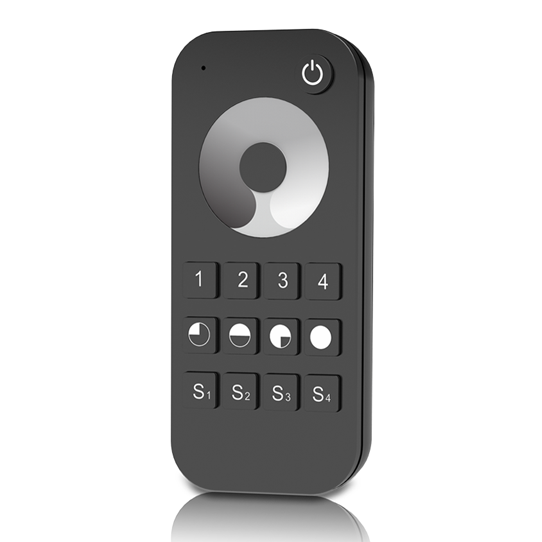 A black remote control with touch wheel and buttons labeled for 4 zones dimming.