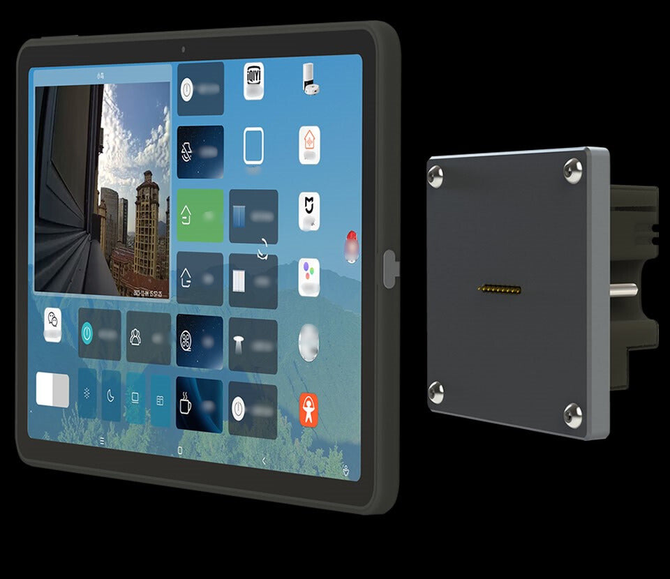 A black wall mount charging base station with a magnetic wireless charging pad and a tablet holder with a strong magnet attached.