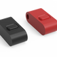 Two key FOBs, one black and one red, with a simple, solid colour design.