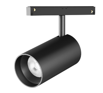 Black LED spotlight fixture for magnetic track lighting, with cylindrical shape and a visible bulb inside.