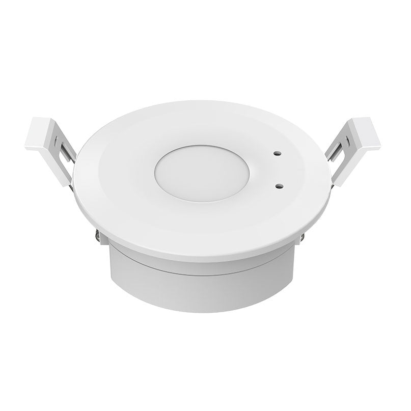 A white ceiling-mounted microwave induction dimmer and switch with visible mounting brackets and a central detection panel.