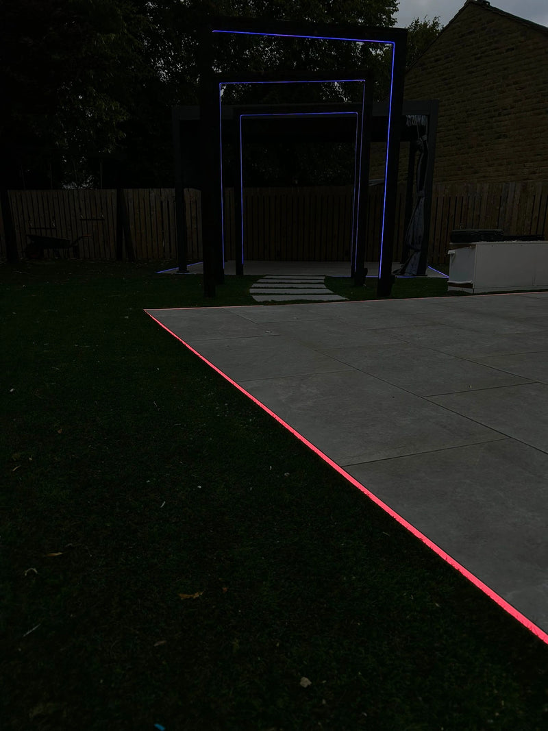 Neon lights on a patio at night