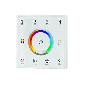 A white remote control panel with a colour wheel in the centre and touch keys labeled 1 to 4, ZONE, ROUND, with LED indicators around the edge.
