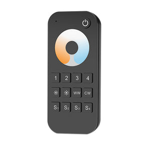 A black remote control with buttons for adjusting LED light settings, including brightness and color temperature.