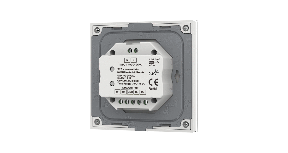 Back of 4-zone RGBW LED touch panel controller  – smart wall-mounted LED lighting control
