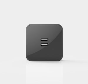 A black square-shaped USB charger with two USB ports on the front.